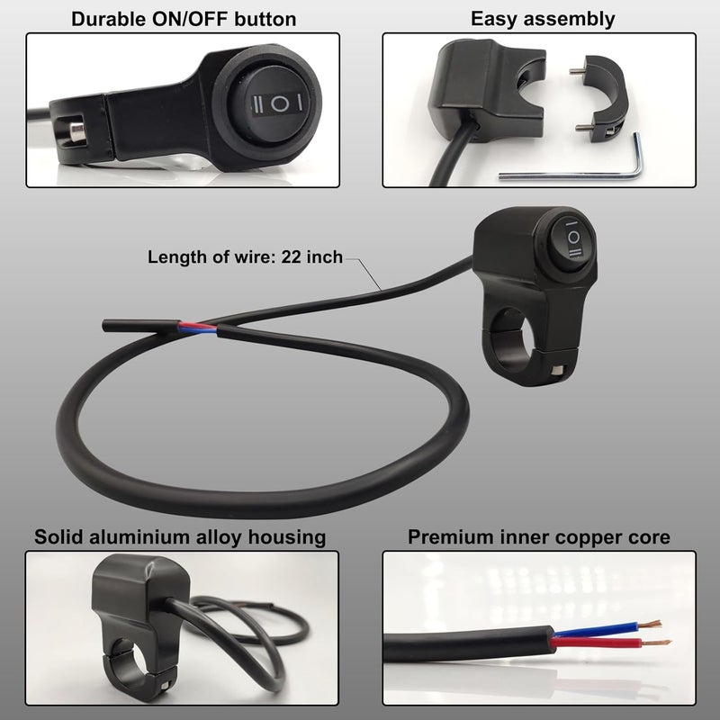 AUTQVA Handlebar Switch 7/8" for Motorcycle, ON-Off-ON Light Switch with Black Push Button and Solid Aluminium Alloy Base, 12V ATV Control for Dirt Bikes, Pack of 2pcs - Image 3